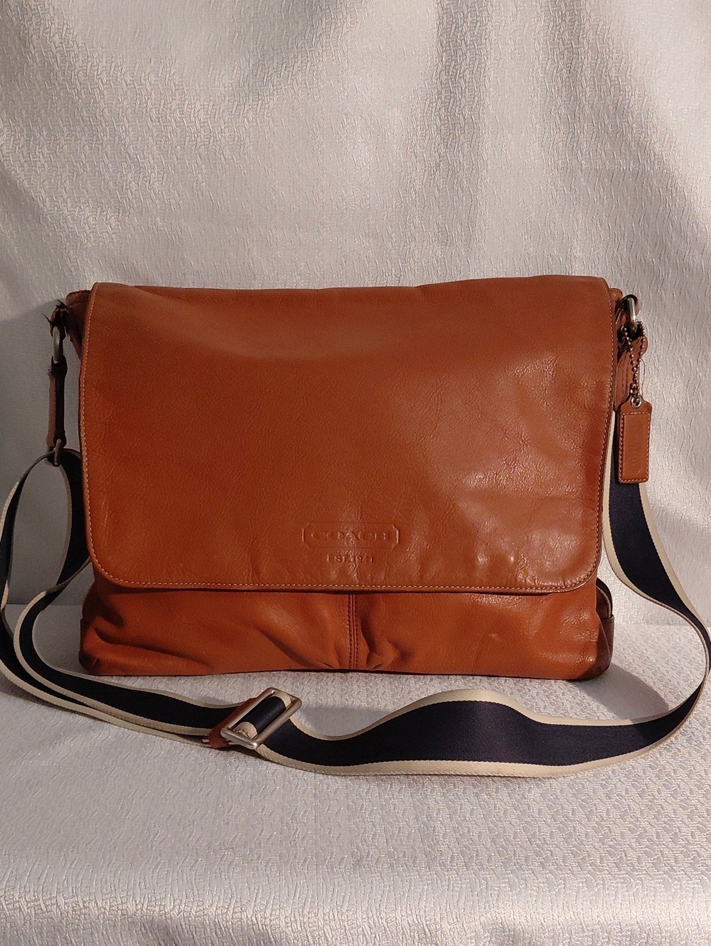 Coach Men's Leather Messenger Bag - Cognac Brown with Strap.